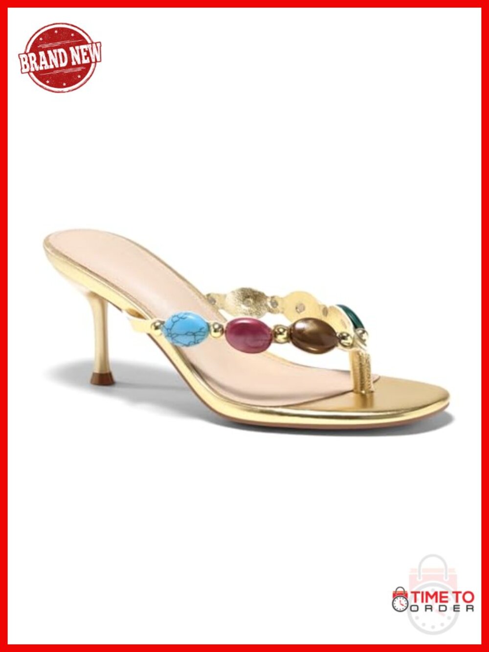 Womens Jeweled Heeled Sandals Faux Leather 2.85 Inch Stiletto Flip Flop
